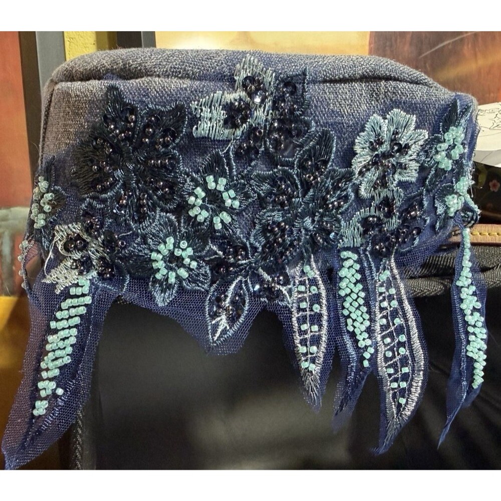 Damsel In This Dress Couture Pill Box Hat Denim Blue with Floral Embroidery NWOT
